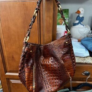Brahmin Shoulder Bag Lauren Pecan Melborne Croc Leather Zip Cell Pocket Lg  Hobo